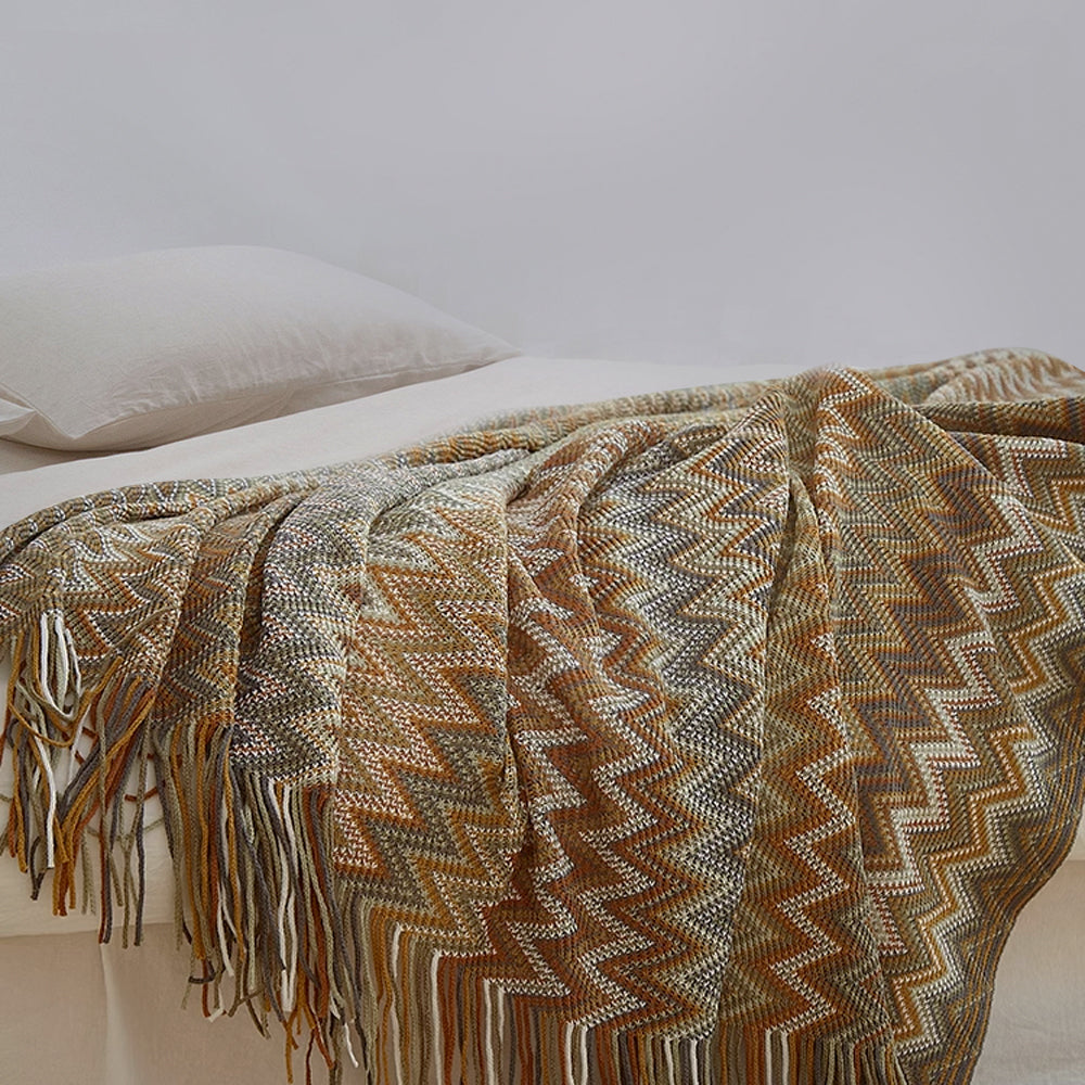 Boho Zigzag Knit Throw Blanket with Fringe