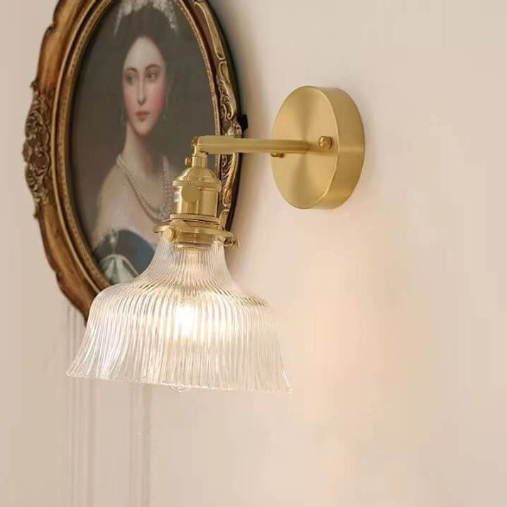Brass Arm Ribbed Glass Flower Wall Sconce