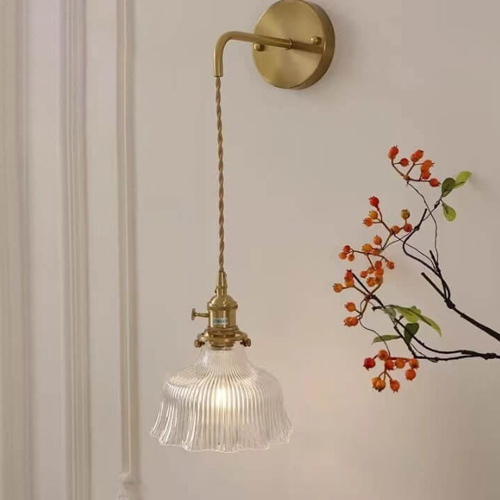 Brass Arm Ribbed Glass Flower Wall Sconce