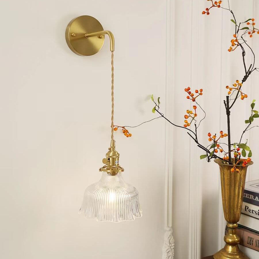 Brass Arm Ribbed Glass Flower Wall Sconce