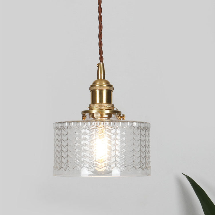Brass Glass Pendant Light with Textured Shade