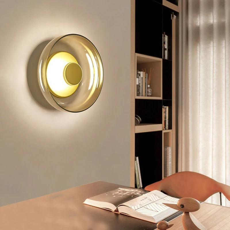 Brass Glass Round Wall Sconce with Halo Glow