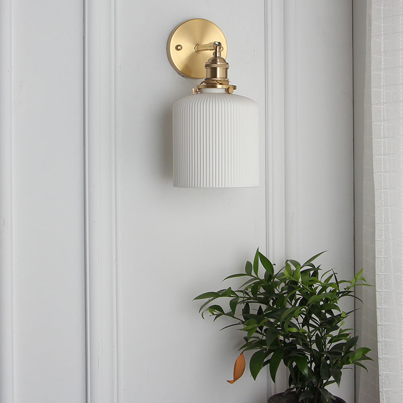 Brass Pleated Glass Wall Light with Arm