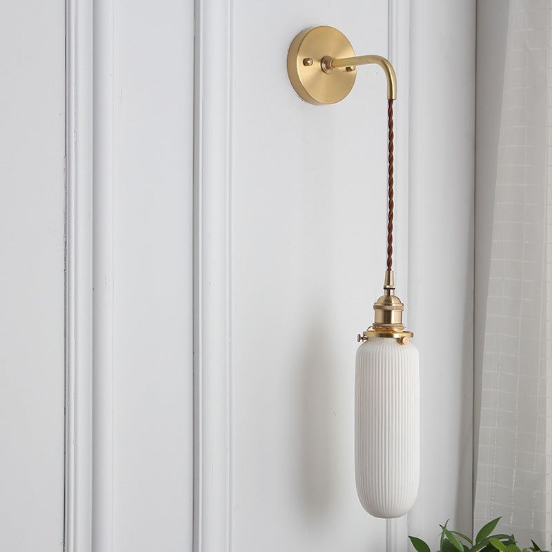 Brass Pleated Glass Wall Light with Arm