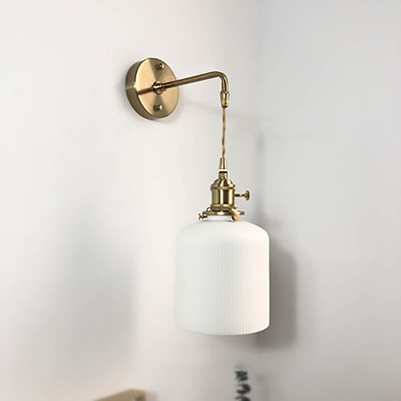 Brass Pleated Glass Wall Light with Arm
