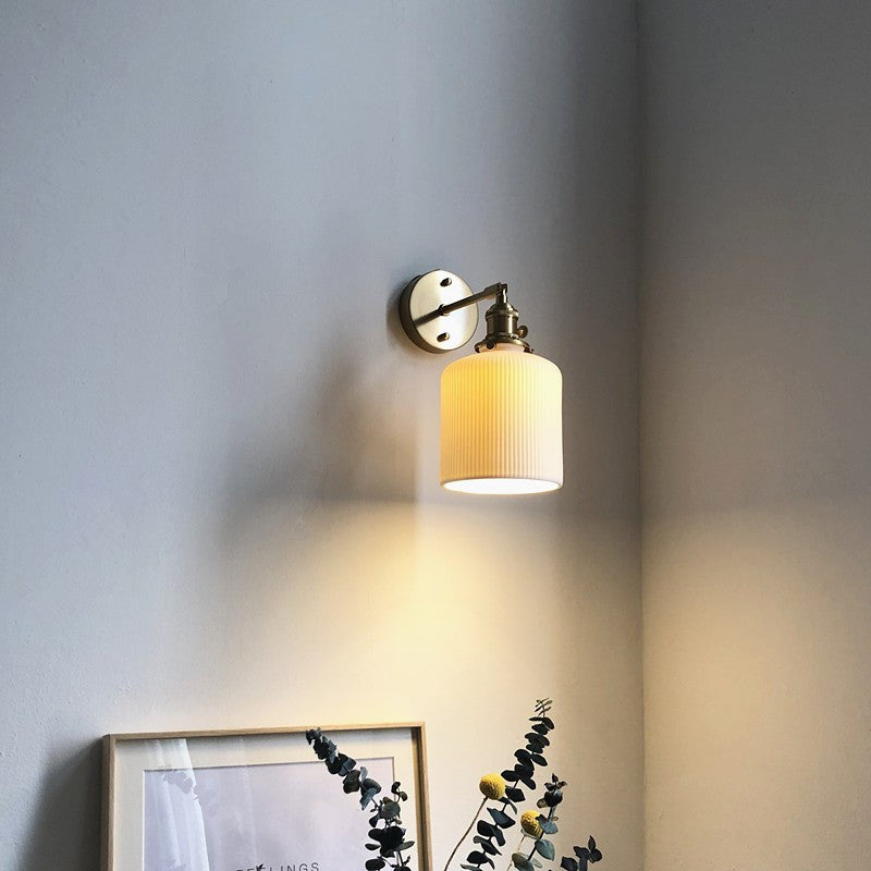 Brass Pleated Glass Wall Light with Arm