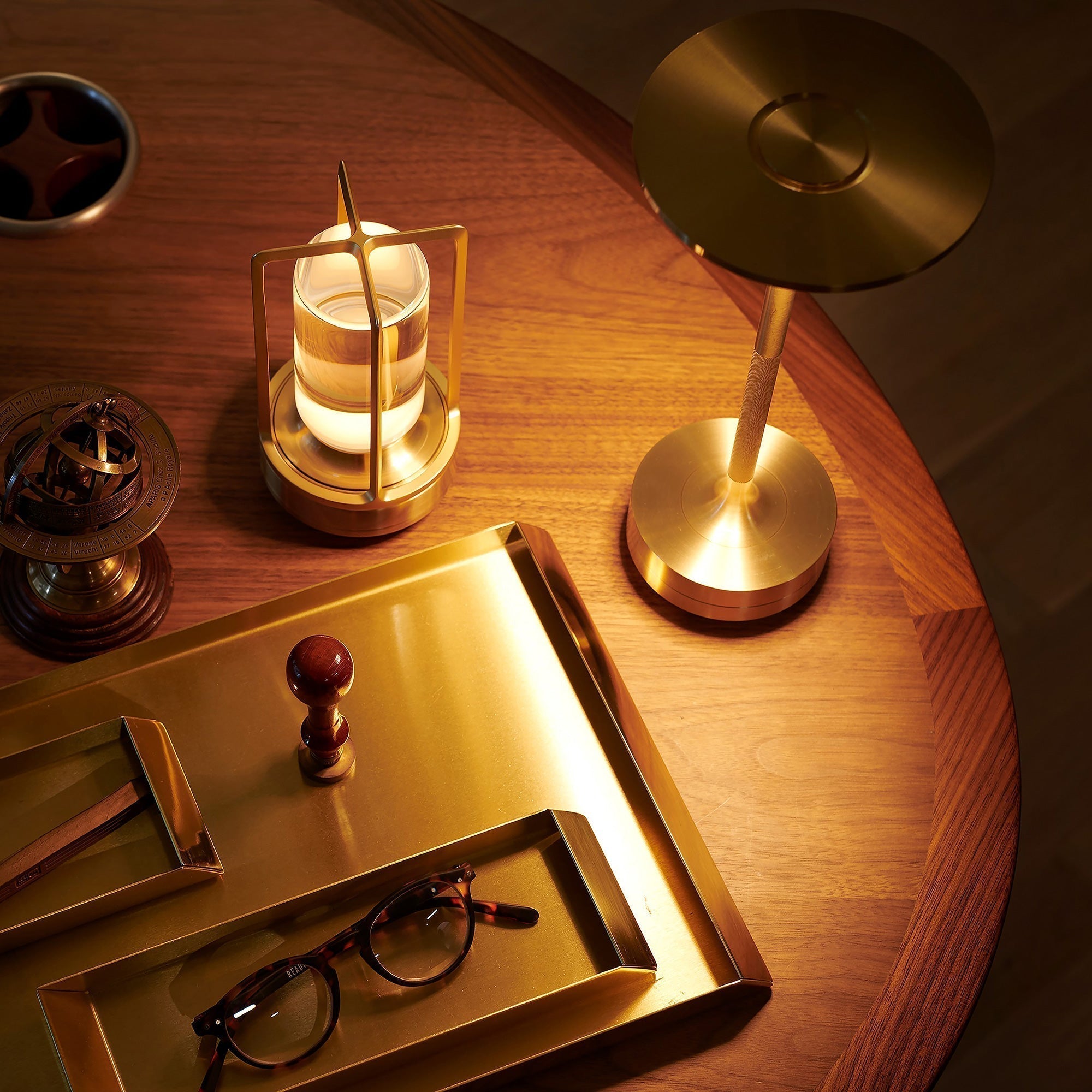 Brass Rechargeable Table Lamp with Disc Shade