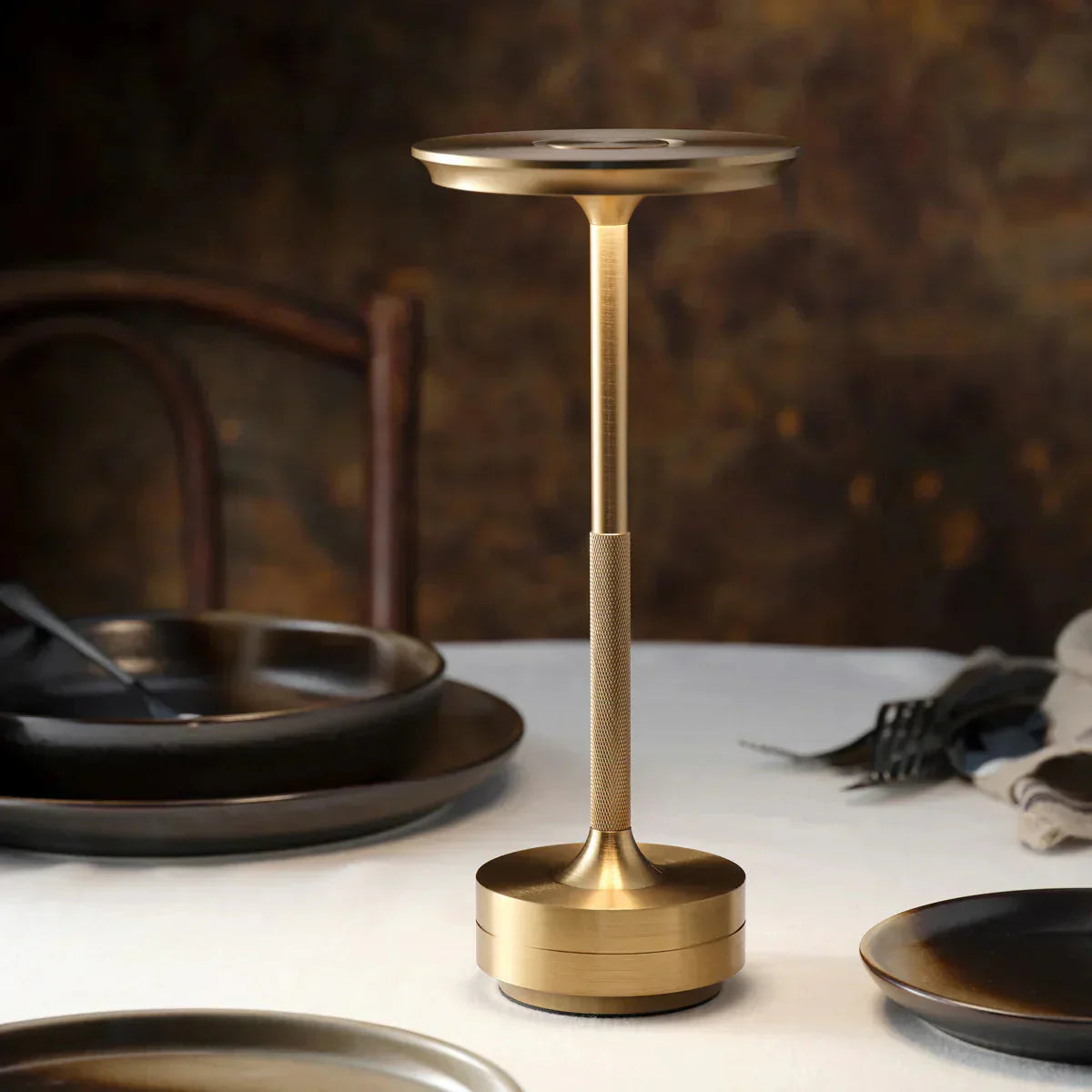 Brass Rechargeable Table Lamp with Disc Shade