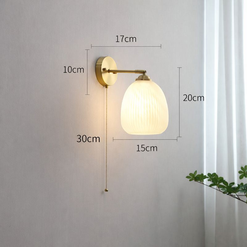 Brass Ribbed Glass Wall Light with Pull Chain
