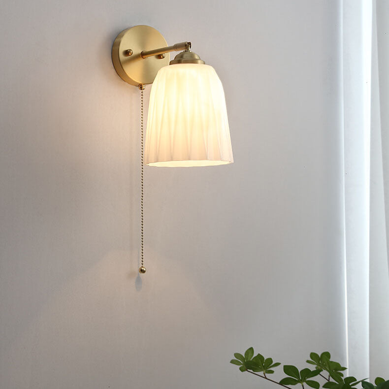 Brass Ribbed Glass Wall Light with Pull Chain