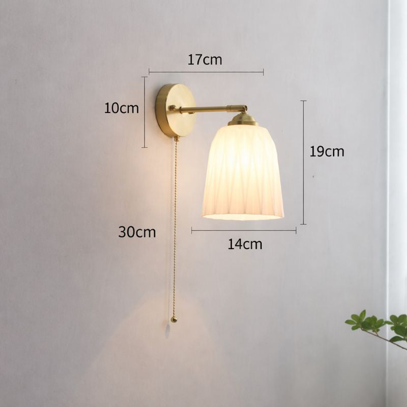 Brass Ribbed Glass Wall Light with Pull Chain