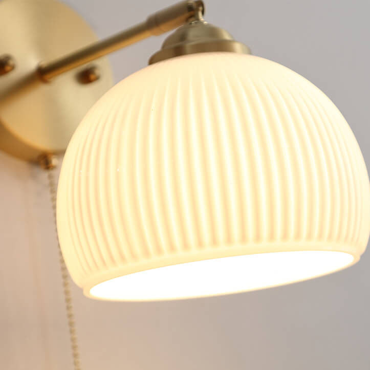 Brass Ribbed Glass Wall Light with Pull Chain