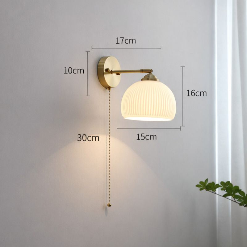 Brass Ribbed Glass Wall Light with Pull Chain