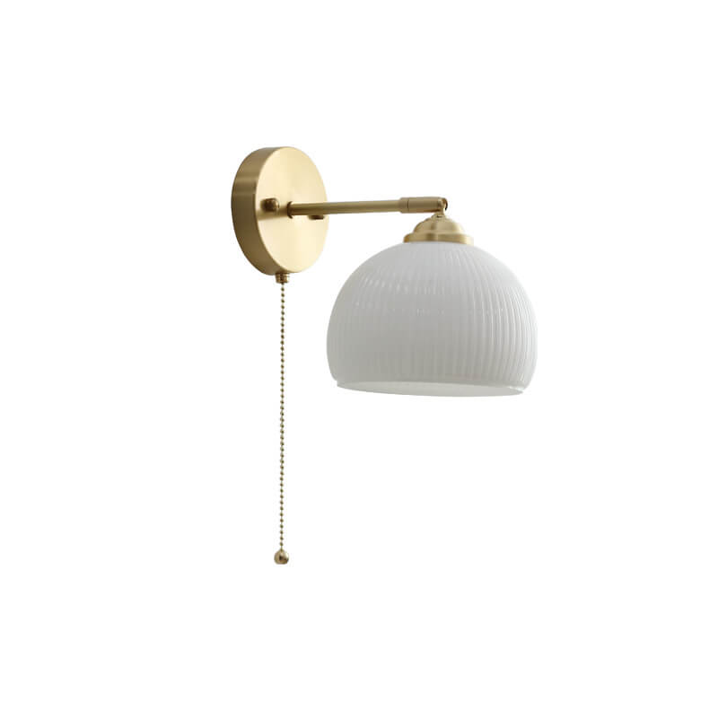 Brass Ribbed Glass Wall Light with Pull Chain