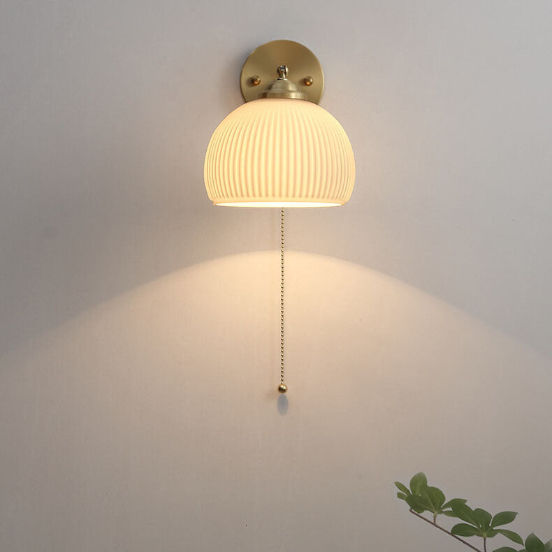 Brass Ribbed Glass Wall Light with Pull Chain