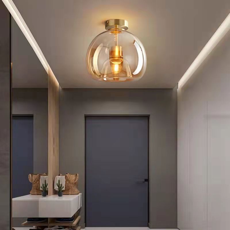 Copper and Glass Globe Semi Flush Ceiling Light