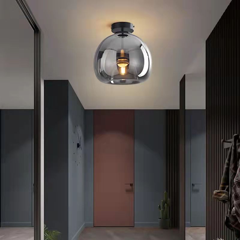 Copper and Glass Globe Semi Flush Ceiling Light