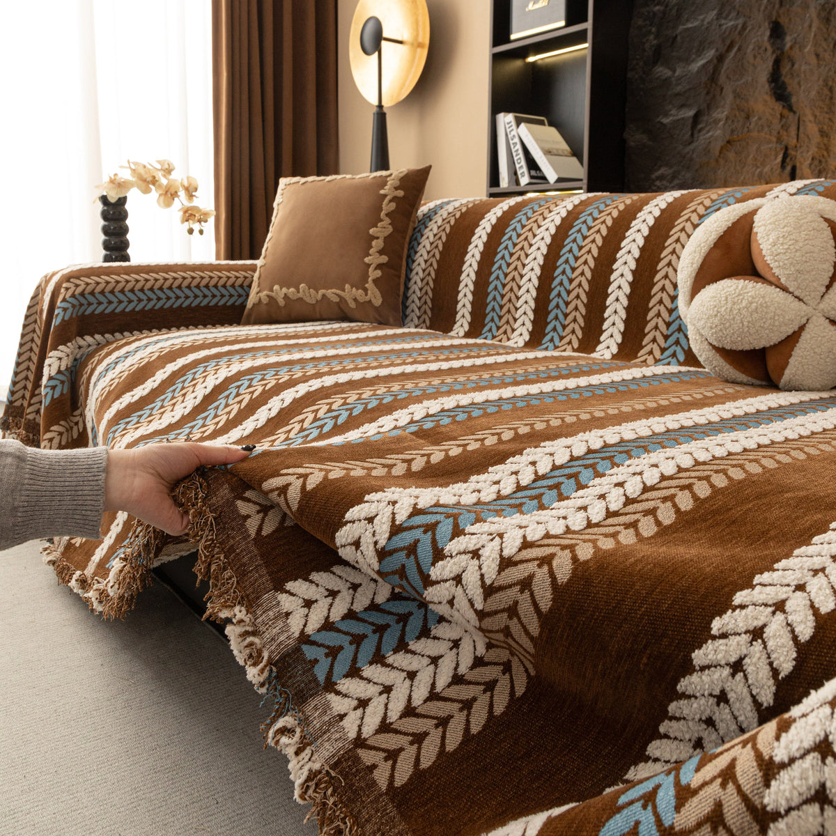 Cozy Decorative Throw Blanket for Couches, Boho Plush Woven Sofa Cover with Stripes