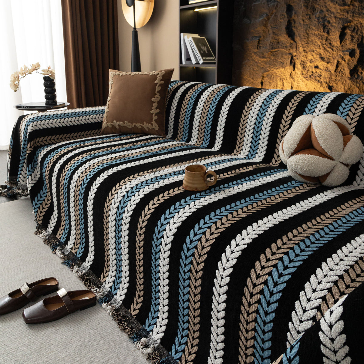 Cozy Decorative Throw Blanket for Couches, Boho Plush Woven Sofa Cover with Stripes