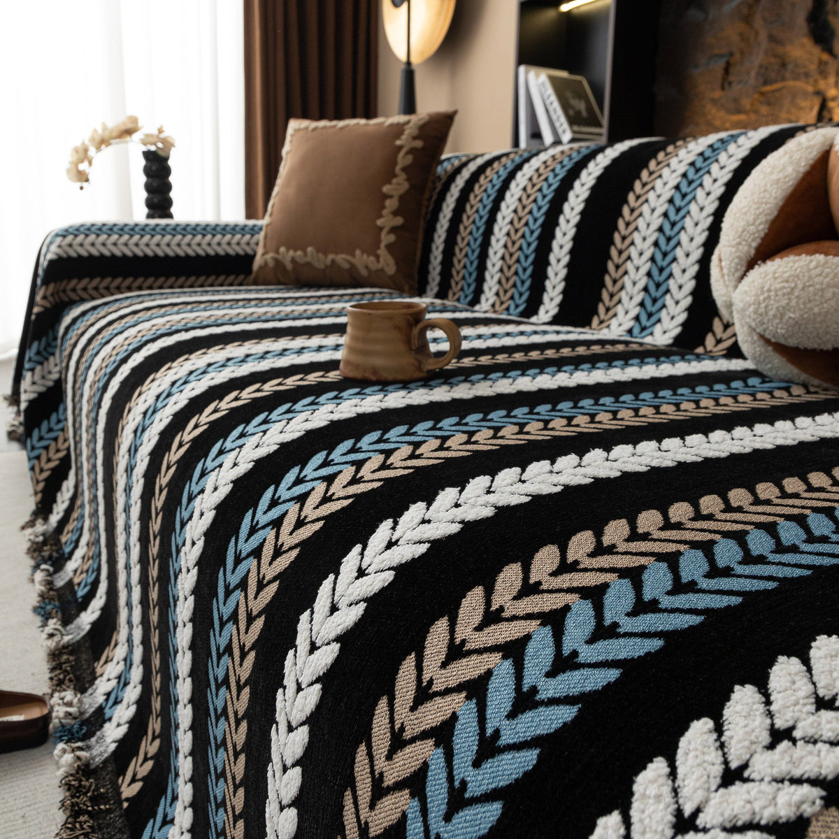Cozy Decorative Throw Blanket for Couches, Boho Plush Woven Sofa Cover with Stripes
