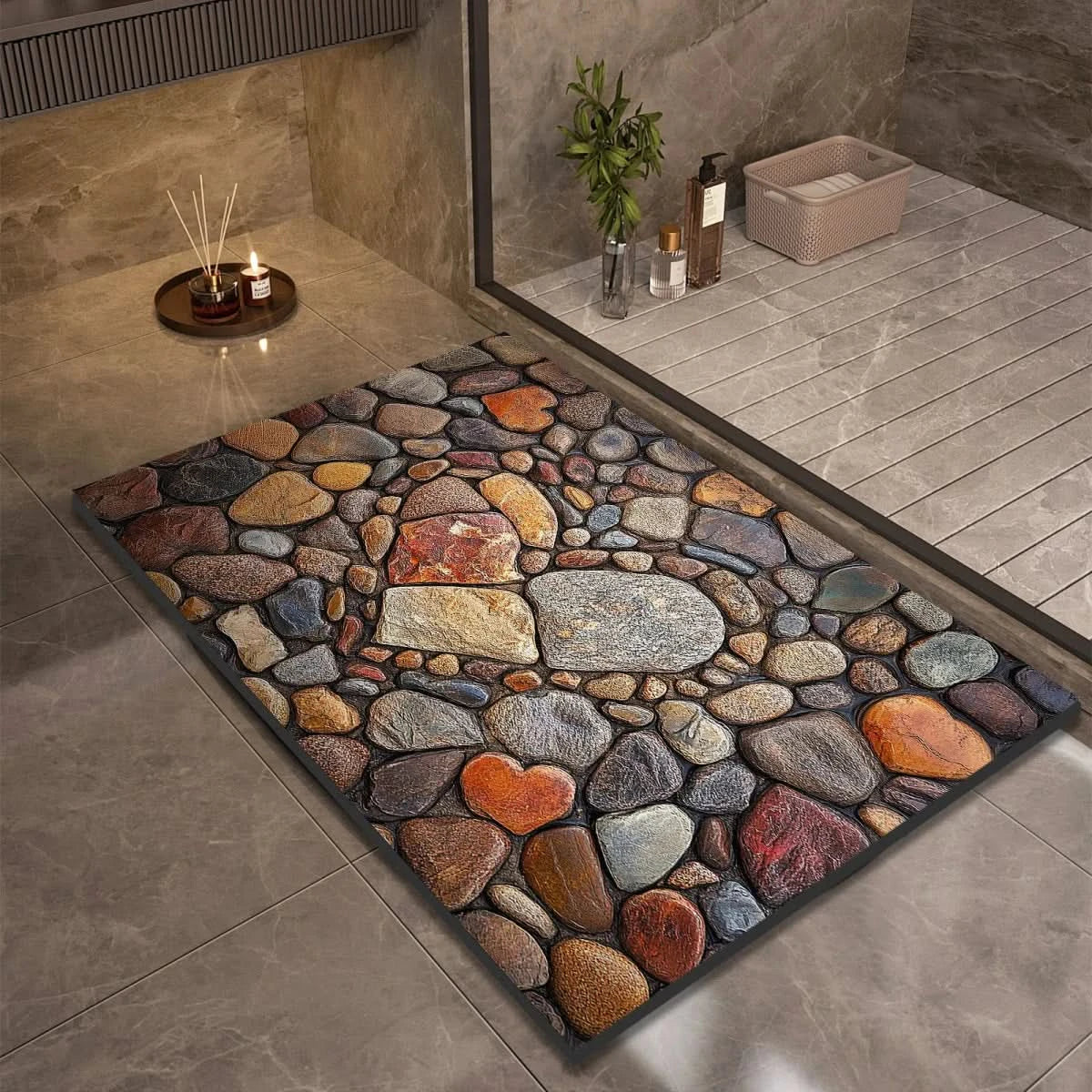 Diatomite Pebble Bath Mat with Non-Slip Base