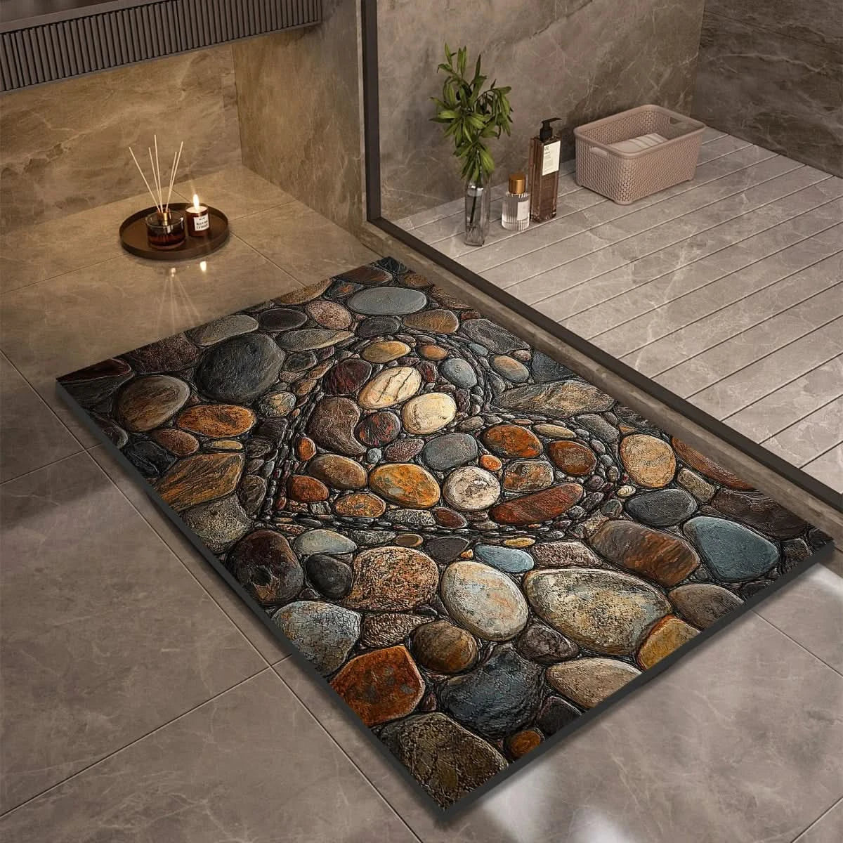 Diatomite Pebble Bath Mat with Non-Slip Base