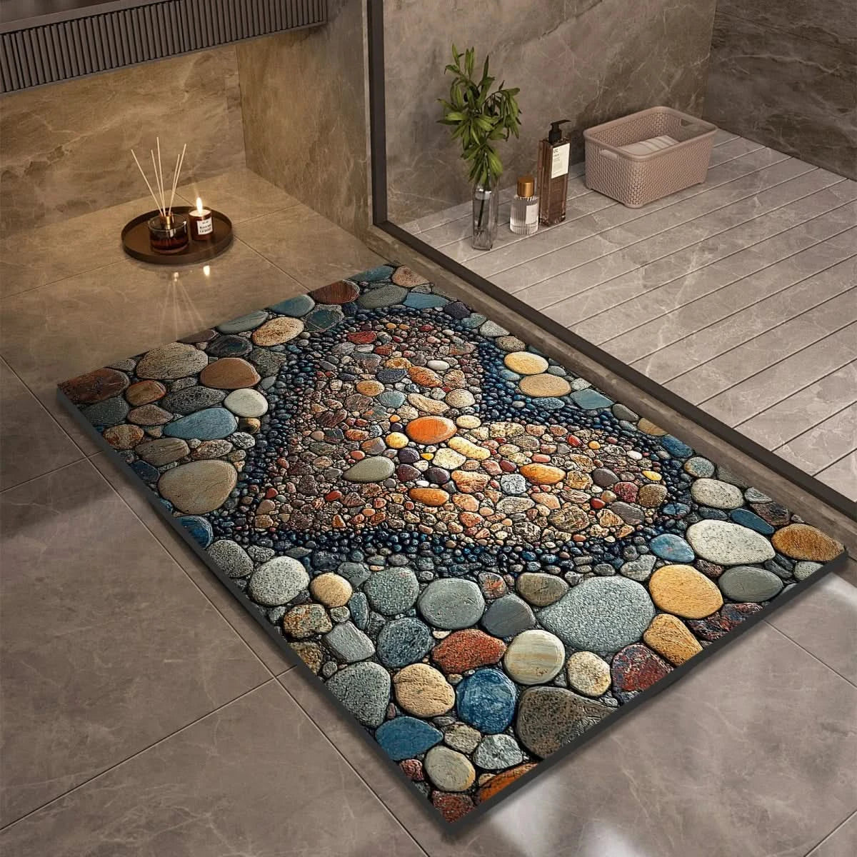 Diatomite Pebble Bath Mat with Non-Slip Base