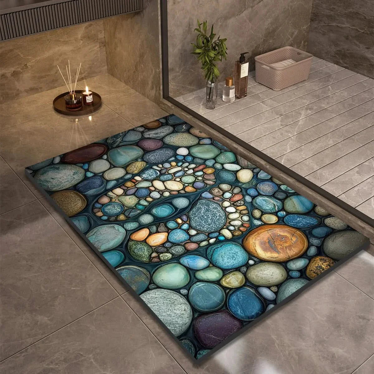 Diatomite Pebble Bath Mat with Non-Slip Base