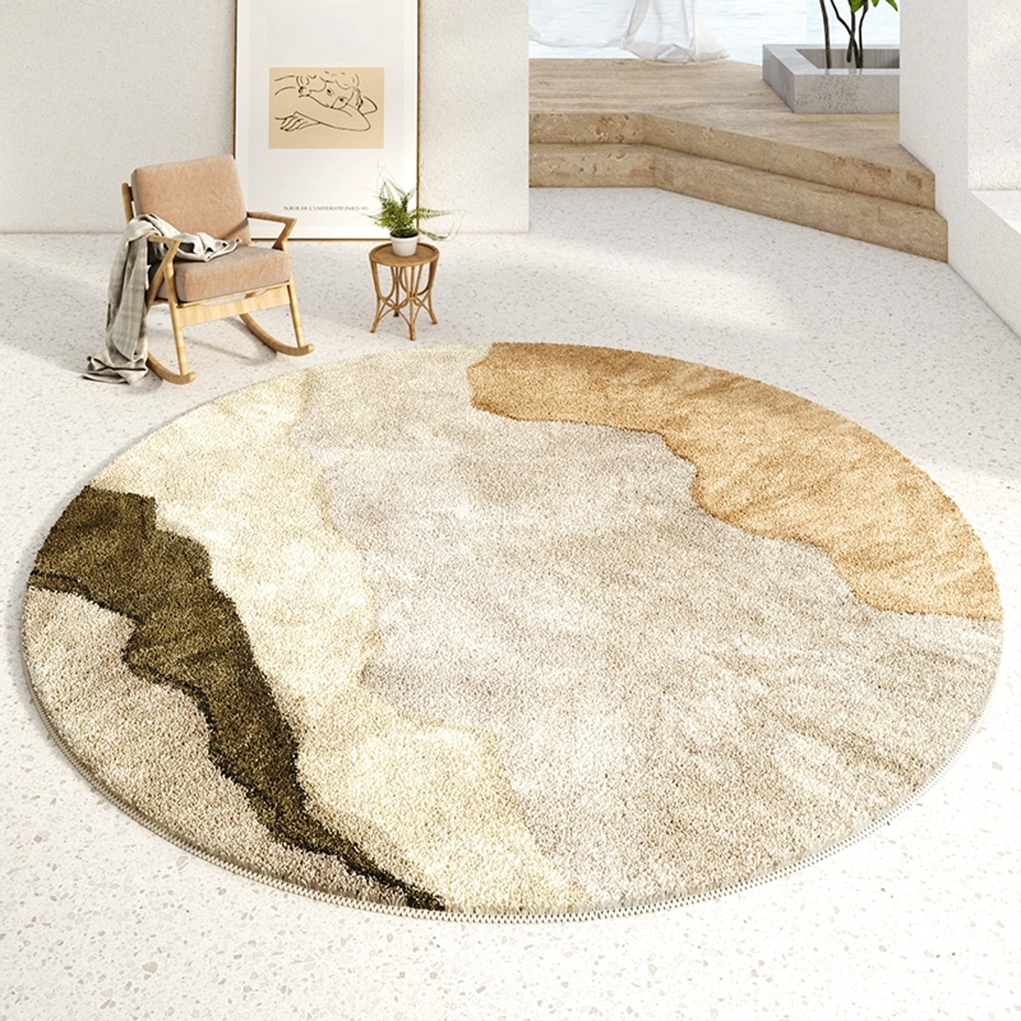 Earth Tone Round Area Rug with Abstract Art