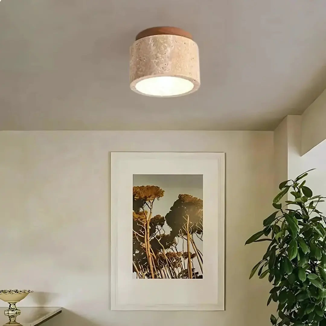 Travertine Wood Ceiling Light with Warm Glow