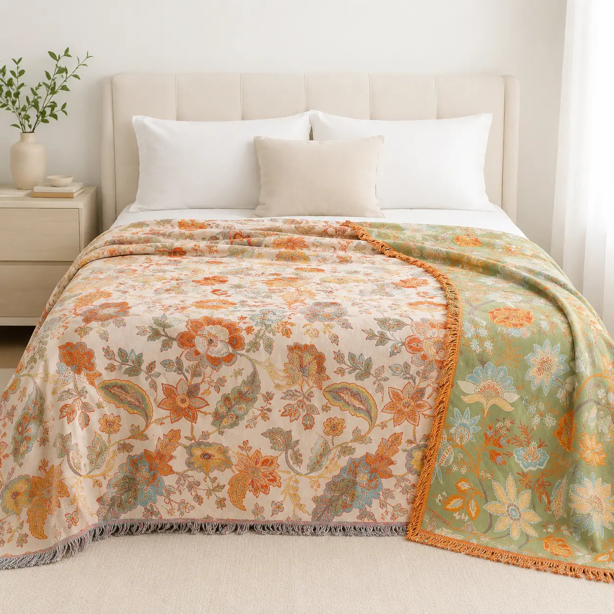 Floral patterned blanket draped over a bed in a bedroom setting