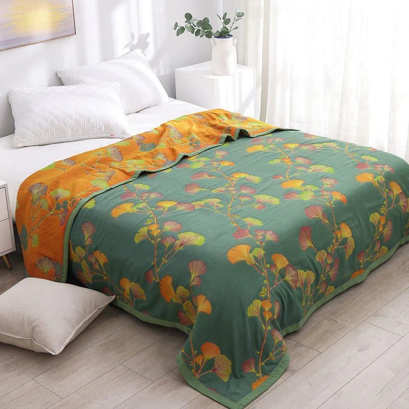 Green Floral Throw Blanket with Ginkgo Leaves