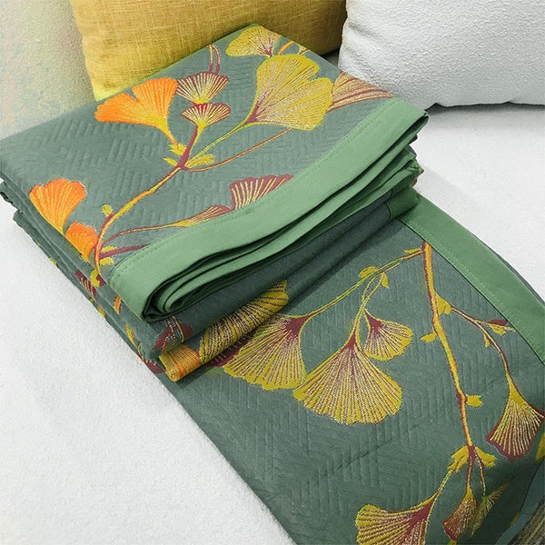 Green Floral Throw Blanket with Ginkgo Leaves