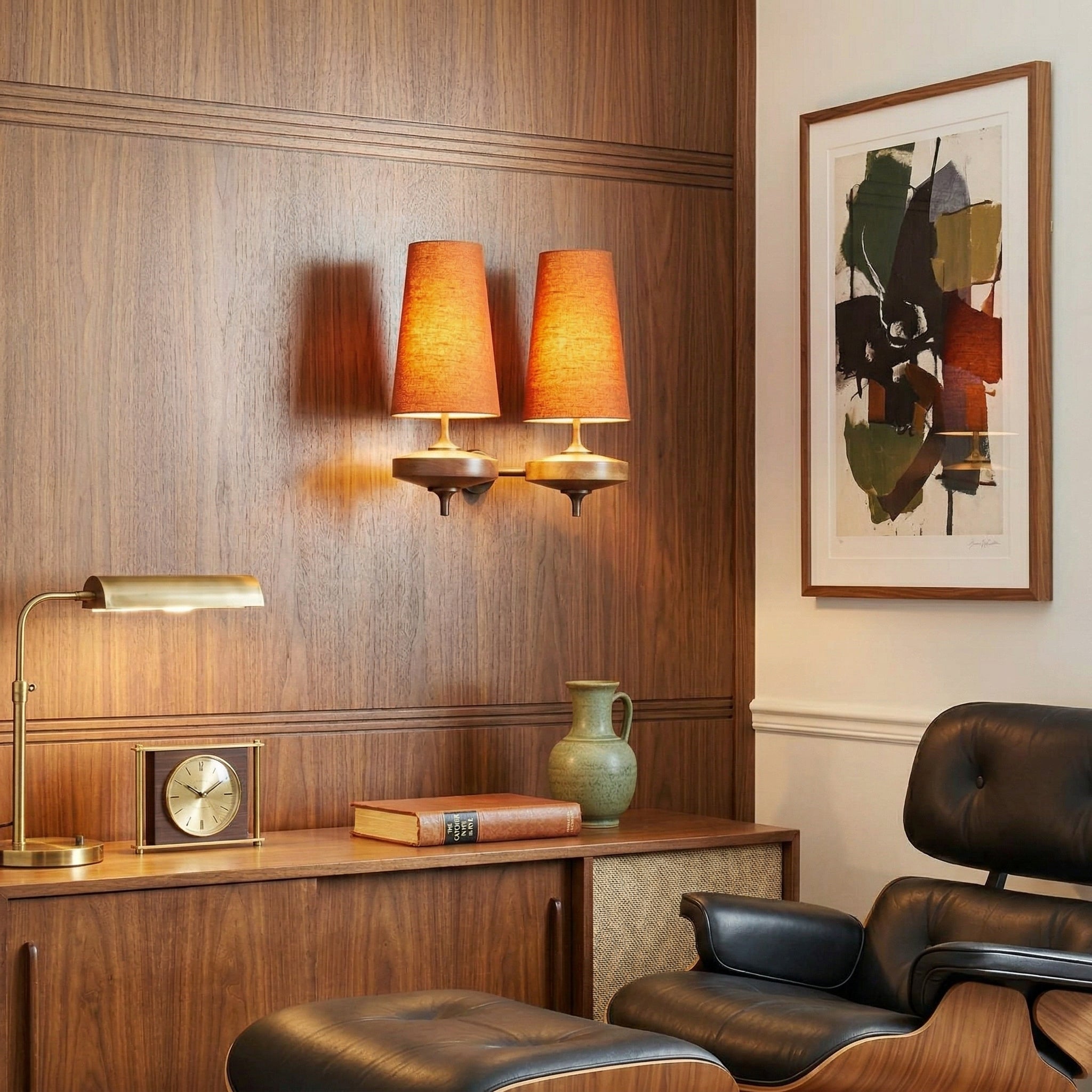 Walnut Double Wall Sconce with Fabric Shades