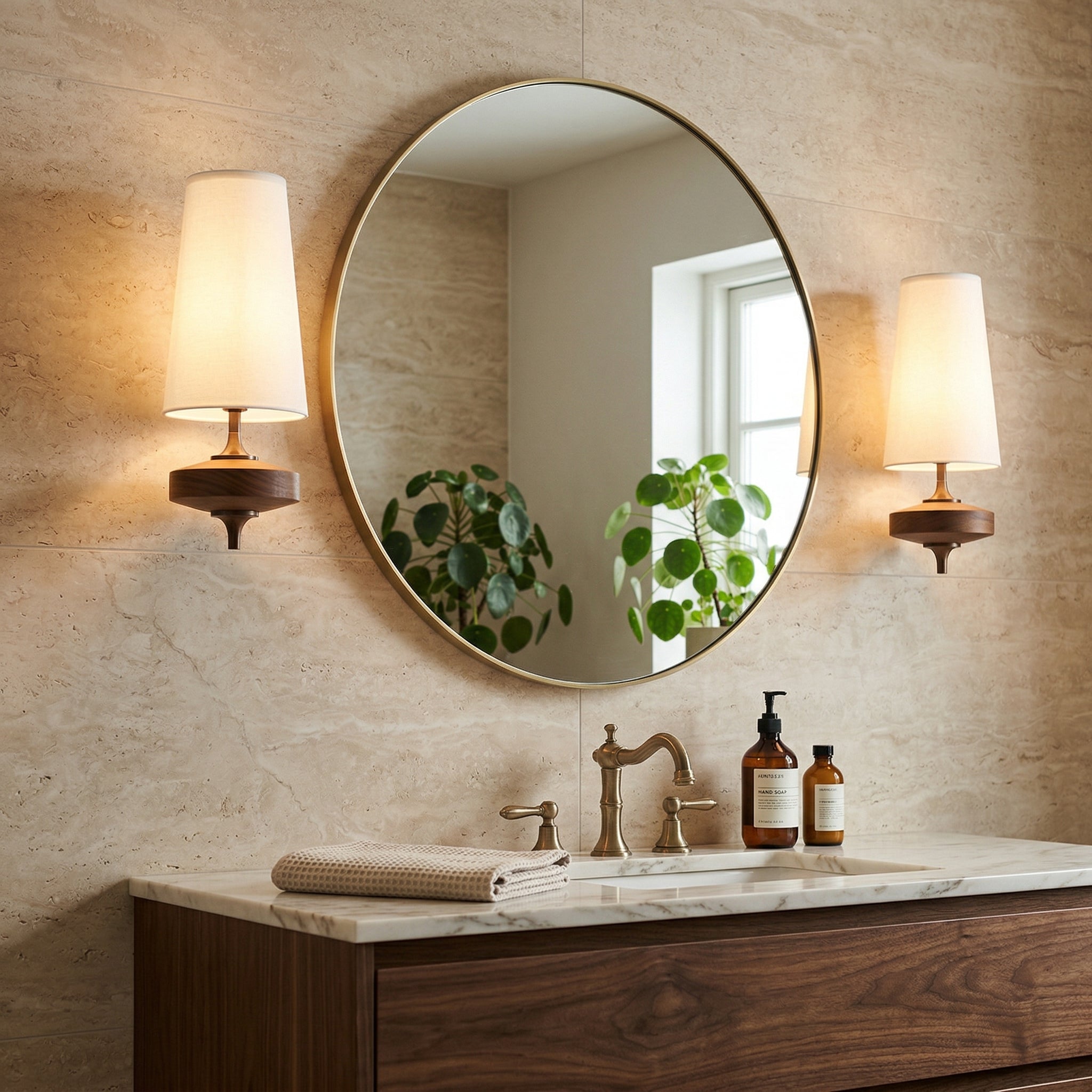 Walnut Double Wall Sconce with Fabric Shades