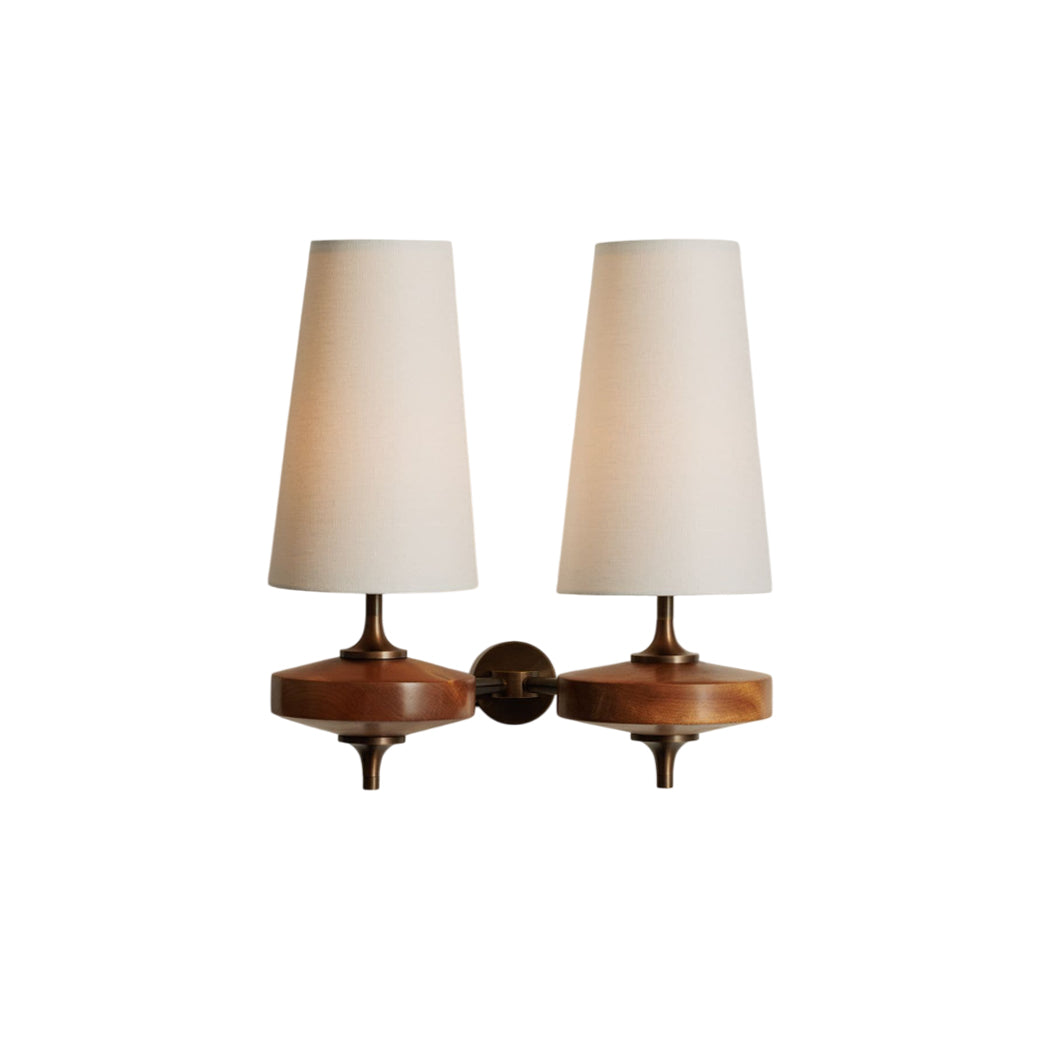 Walnut Double Wall Sconce with Fabric Shades