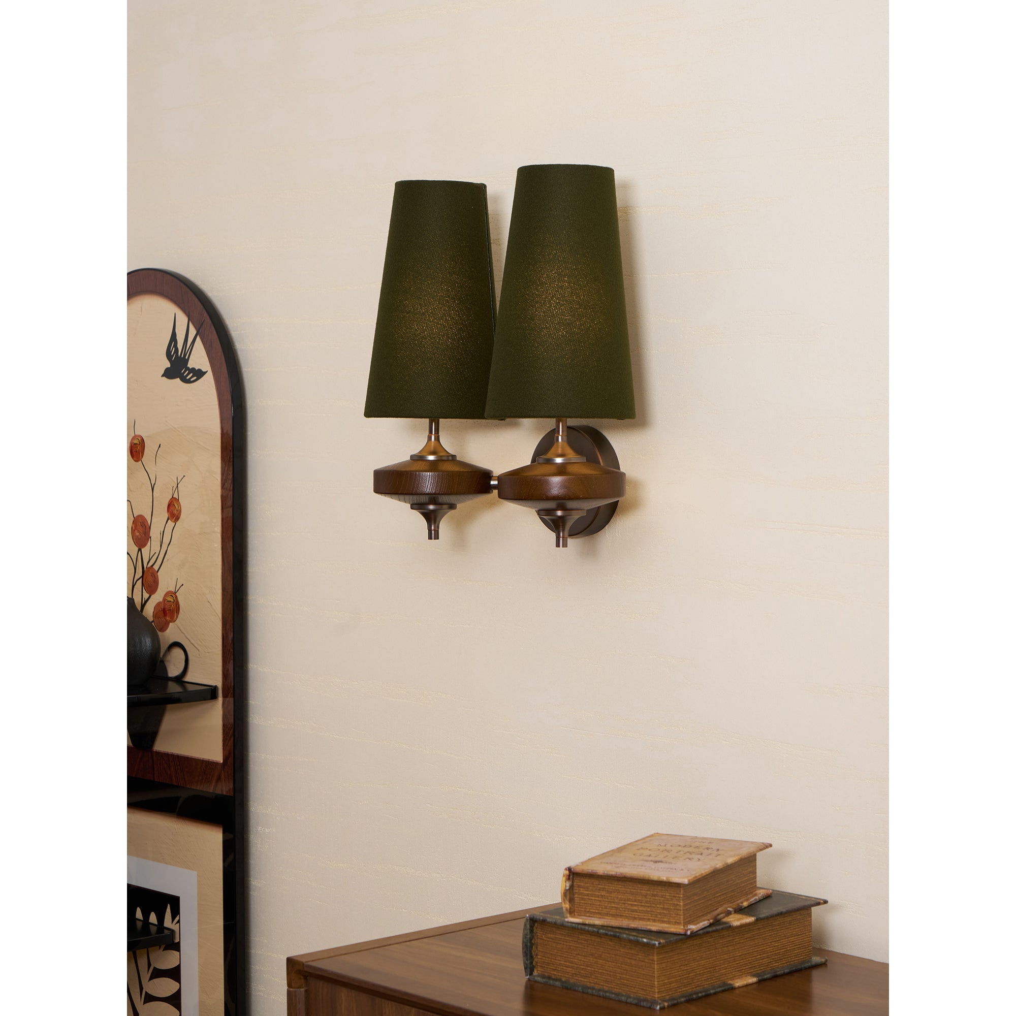 Walnut Double Wall Sconce with Fabric Shades