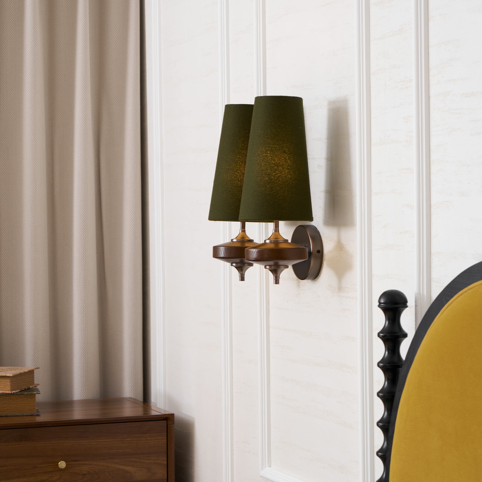 Walnut Double Wall Sconce with Fabric Shades