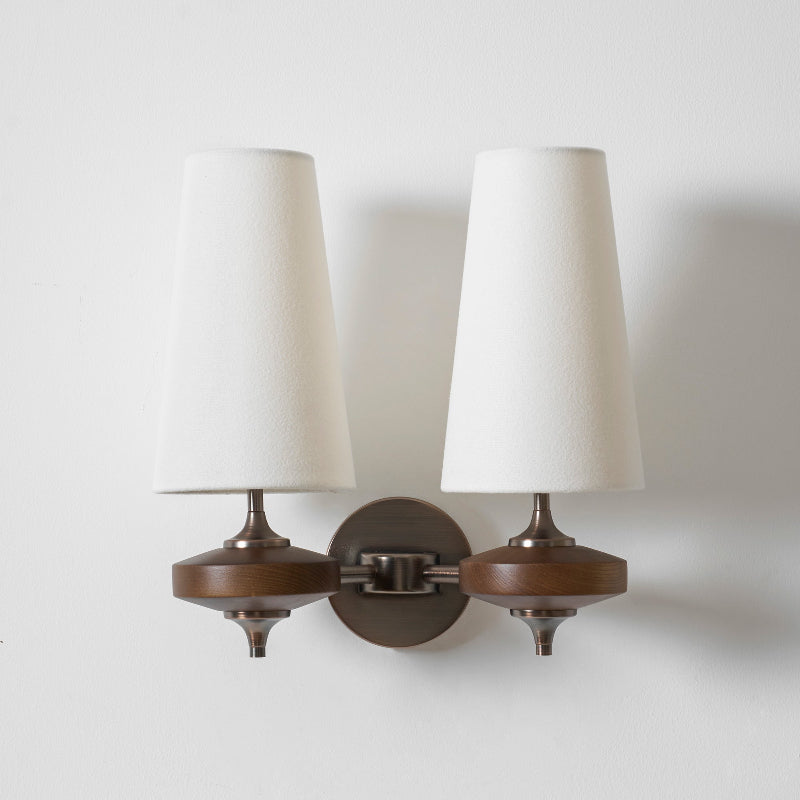 Walnut Double Wall Sconce with Fabric Shades