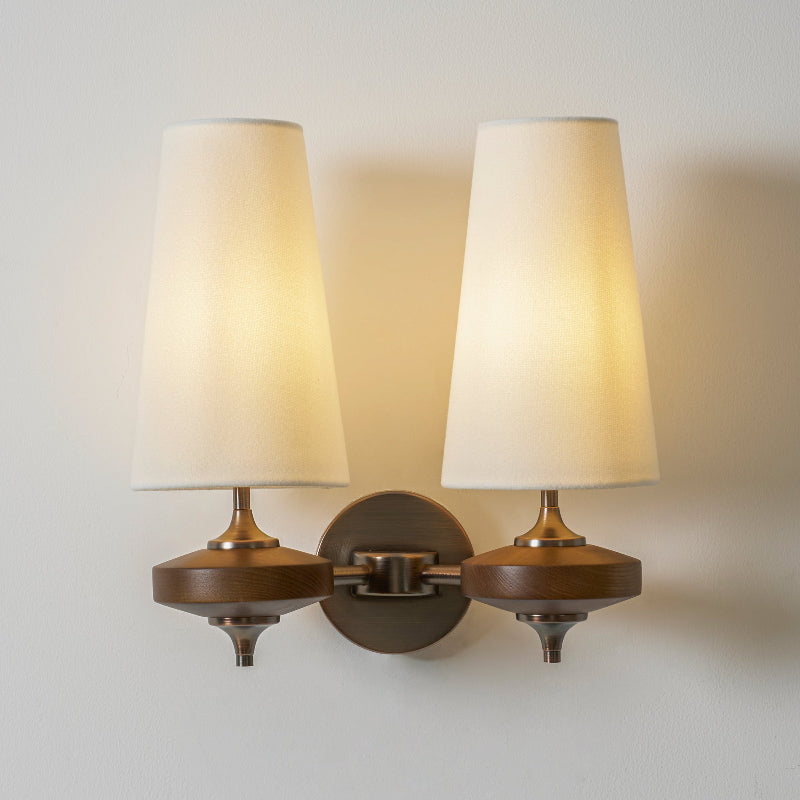 Walnut Double Wall Sconce with Fabric Shades