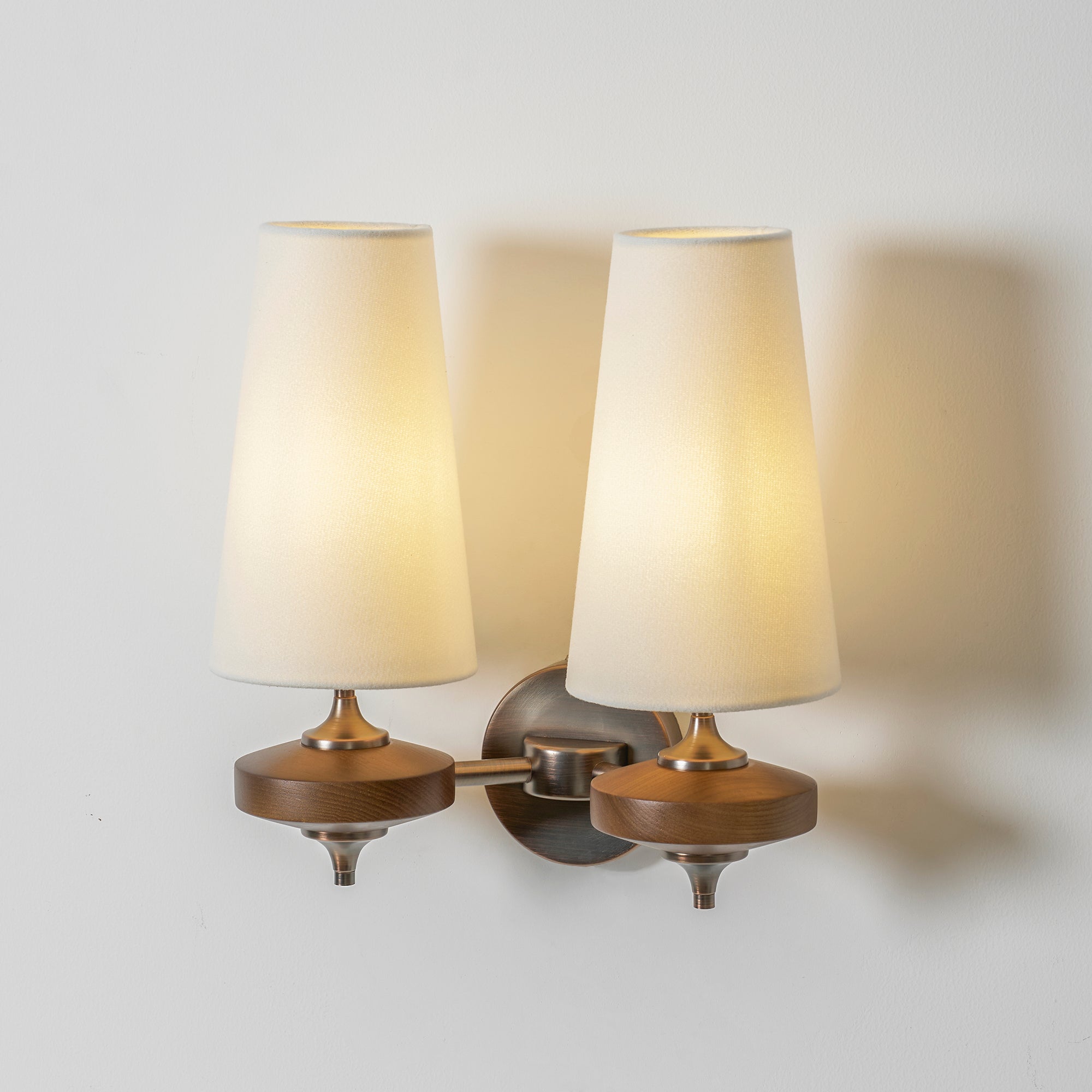 Walnut Double Wall Sconce with Fabric Shades