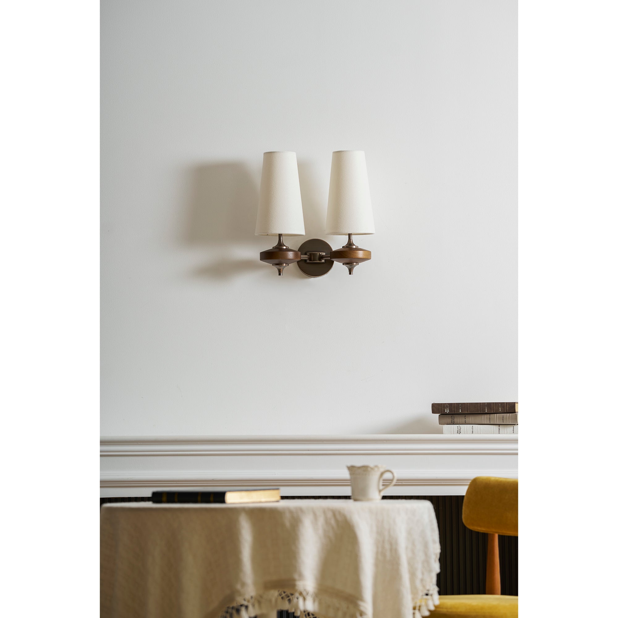 Walnut Double Wall Sconce with Fabric Shades