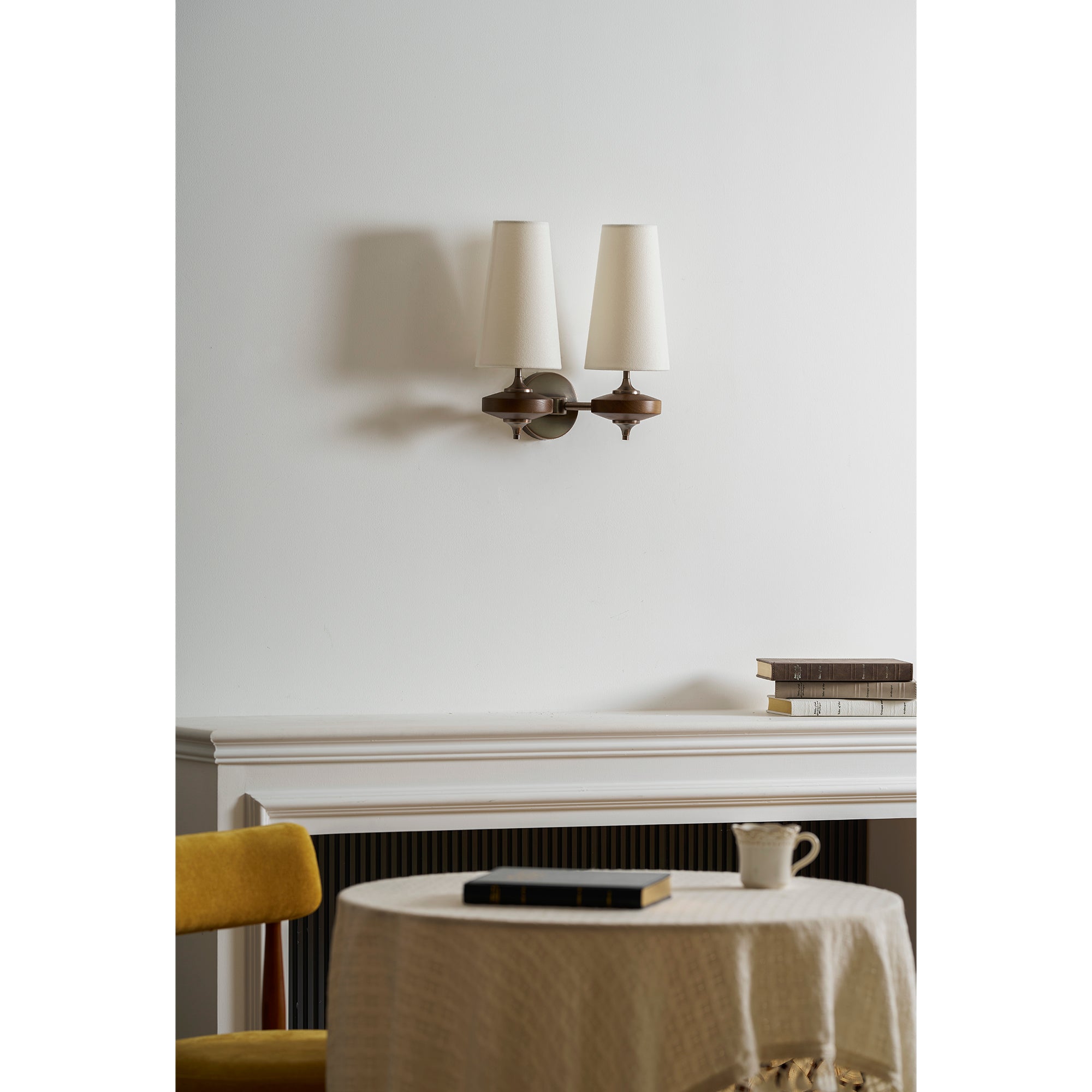 Walnut Double Wall Sconce with Fabric Shades
