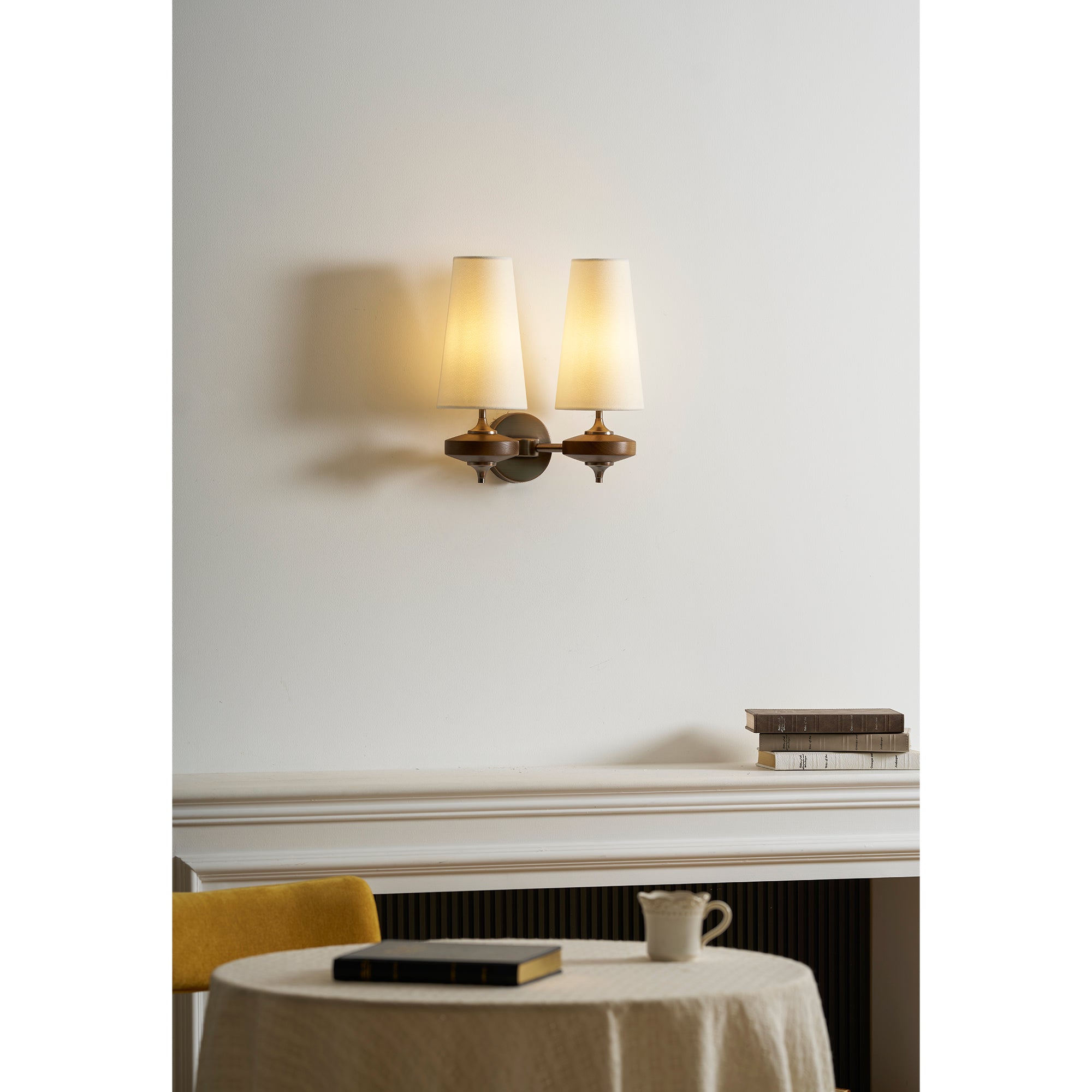 Walnut Double Wall Sconce with Fabric Shades