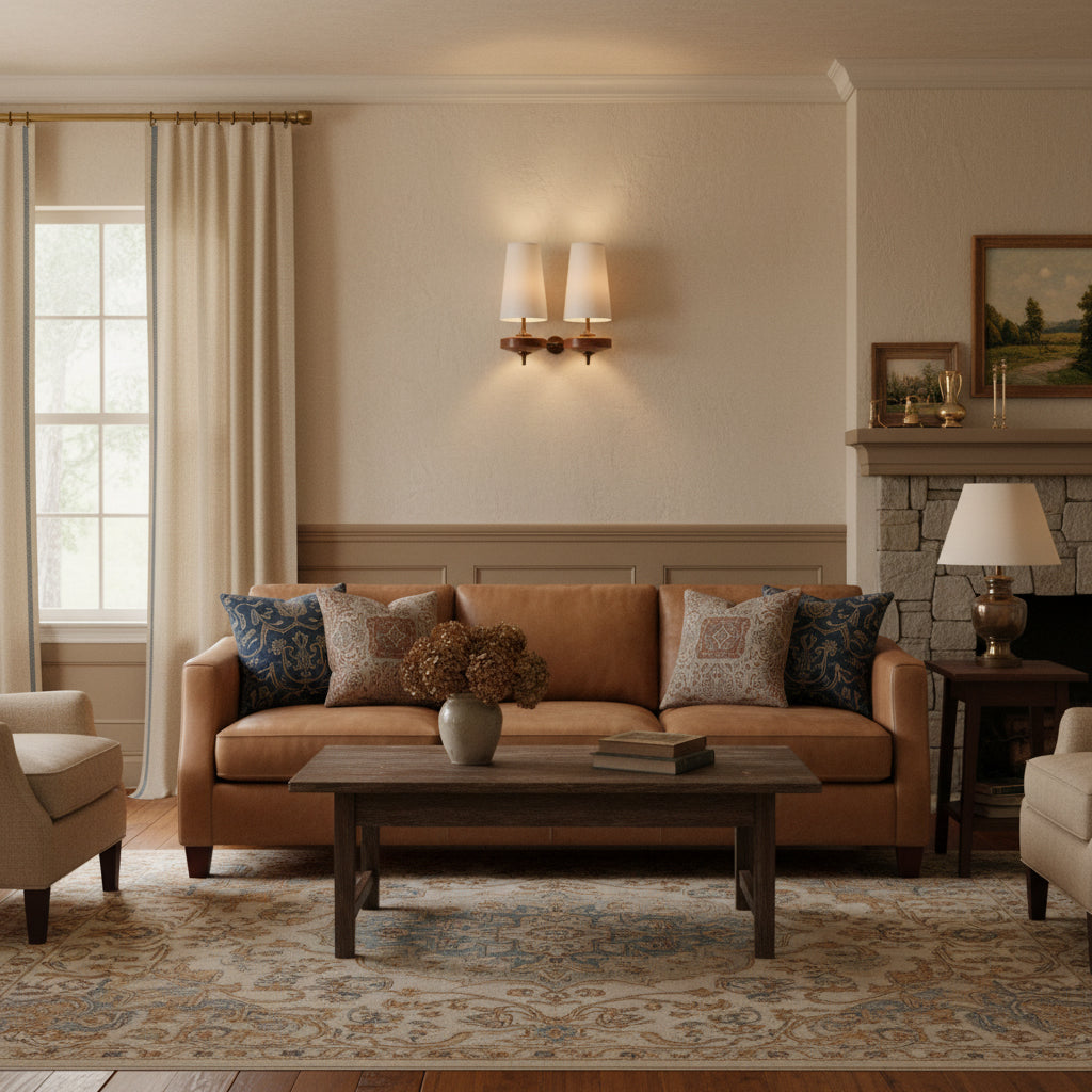 Walnut Double Wall Sconce with Fabric Shades