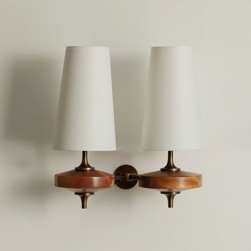 Walnut Double Wall Sconce with Fabric Shades