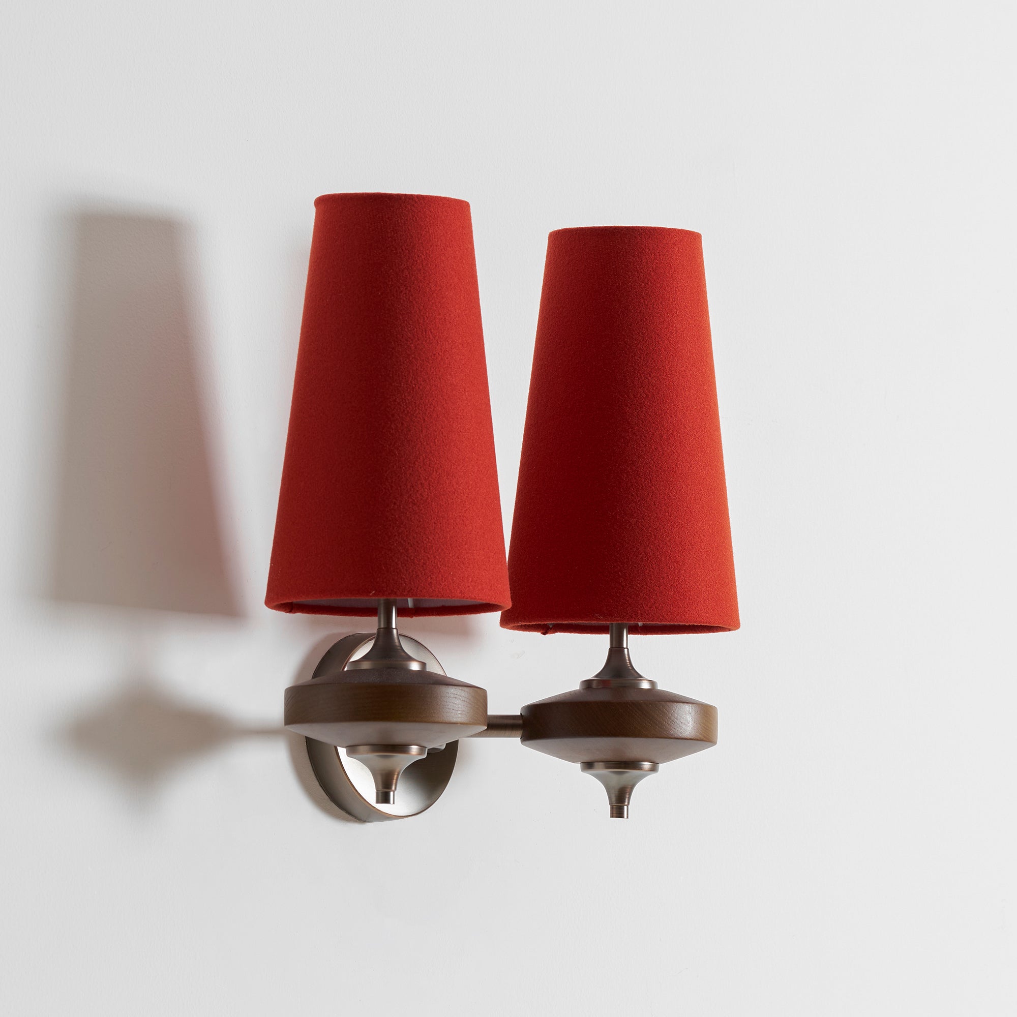 Walnut Double Wall Sconce with Fabric Shades