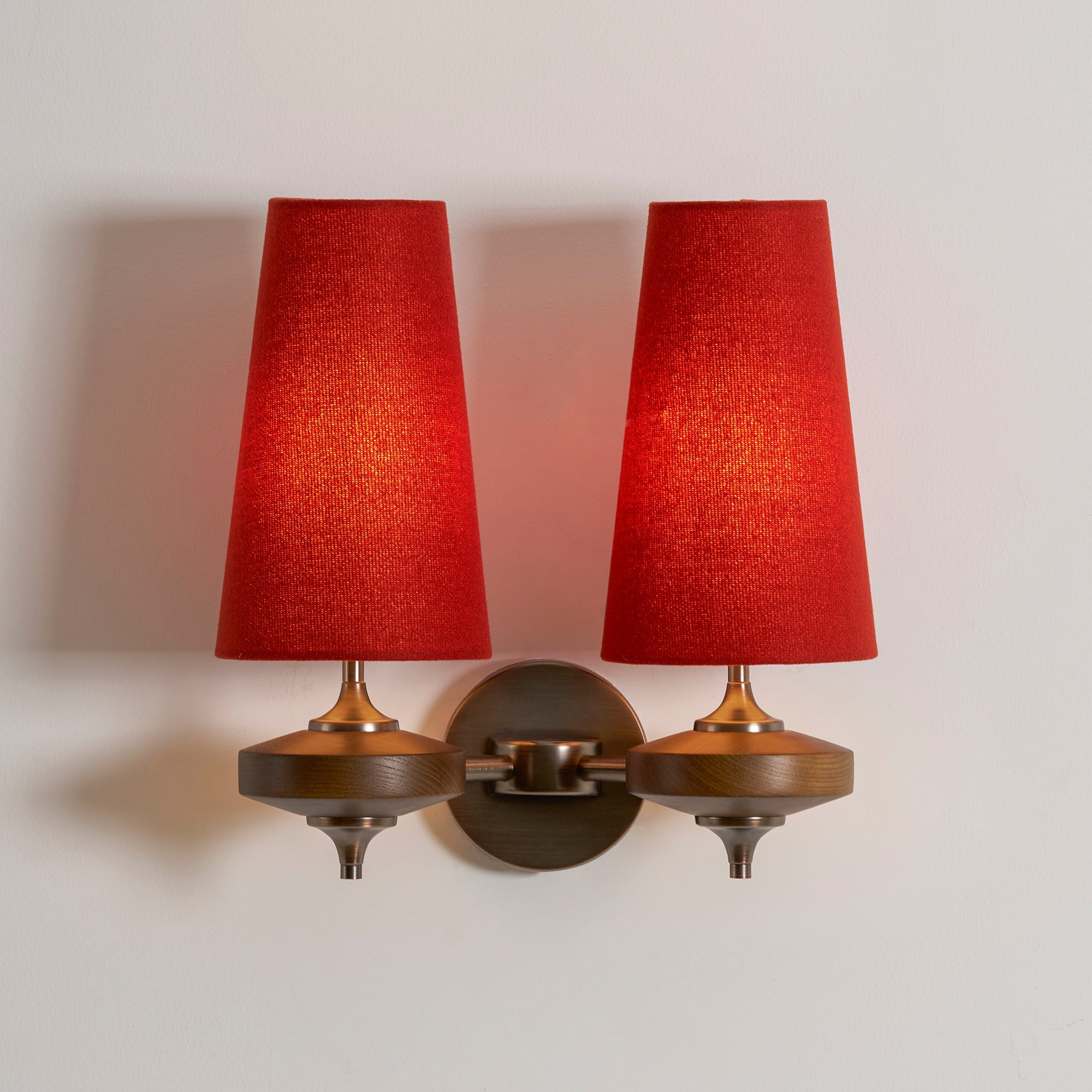 Walnut Double Wall Sconce with Fabric Shades