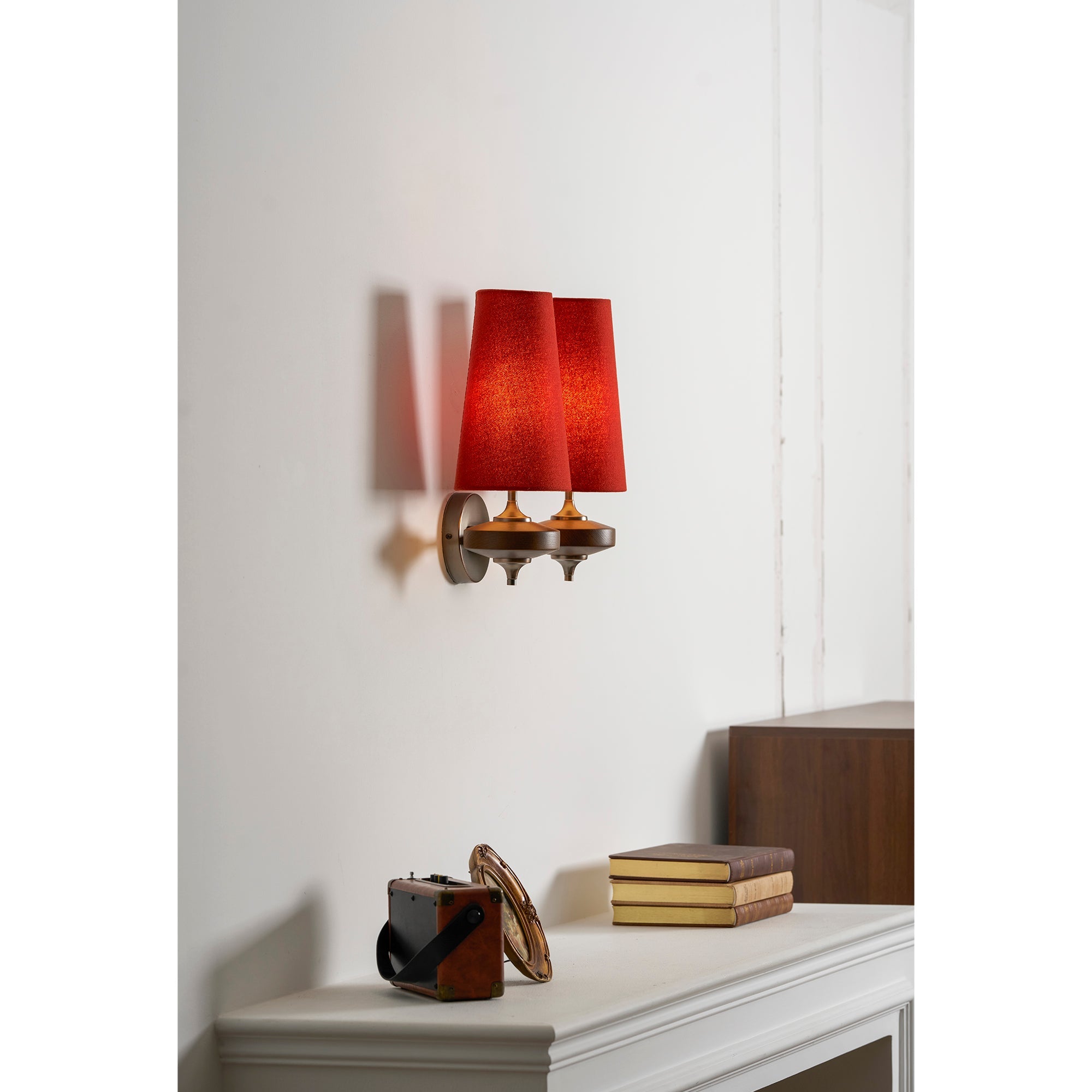 Walnut Double Wall Sconce with Fabric Shades