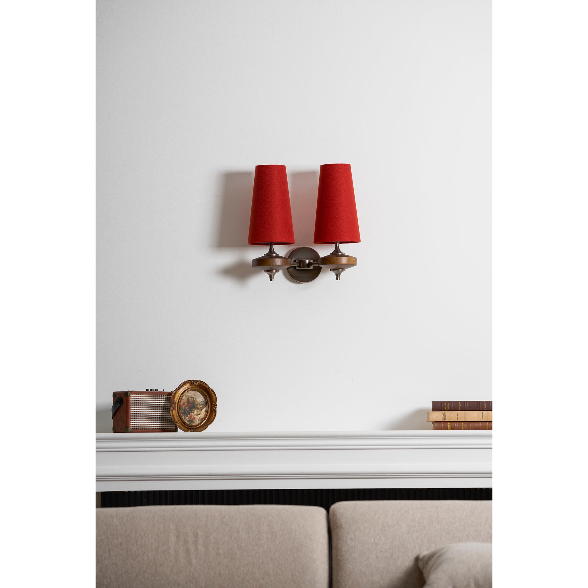 Walnut Double Wall Sconce with Fabric Shades